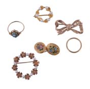 A small collection of jewellery, to comprising a cultured pearl and gold flowerhead hoop brooch,