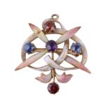 An Edwardian multi gem set enamel pendant, circa 1910, set with circular cut sapphires, amethyst