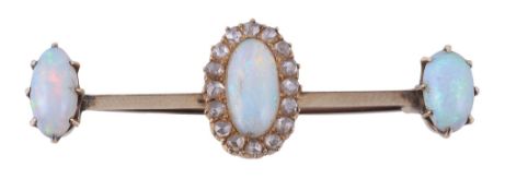 A late Victorian opal and diamond bar brooch, circa 1890, the central oval cabochon opal within a