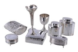 A collection of small silver, including two tea caddies: shaped oval by E. S. Barnsley & Co.,