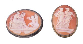 A 19th century shell cameo brooch, the oval panel carved with a seated Venus playing a lyre and