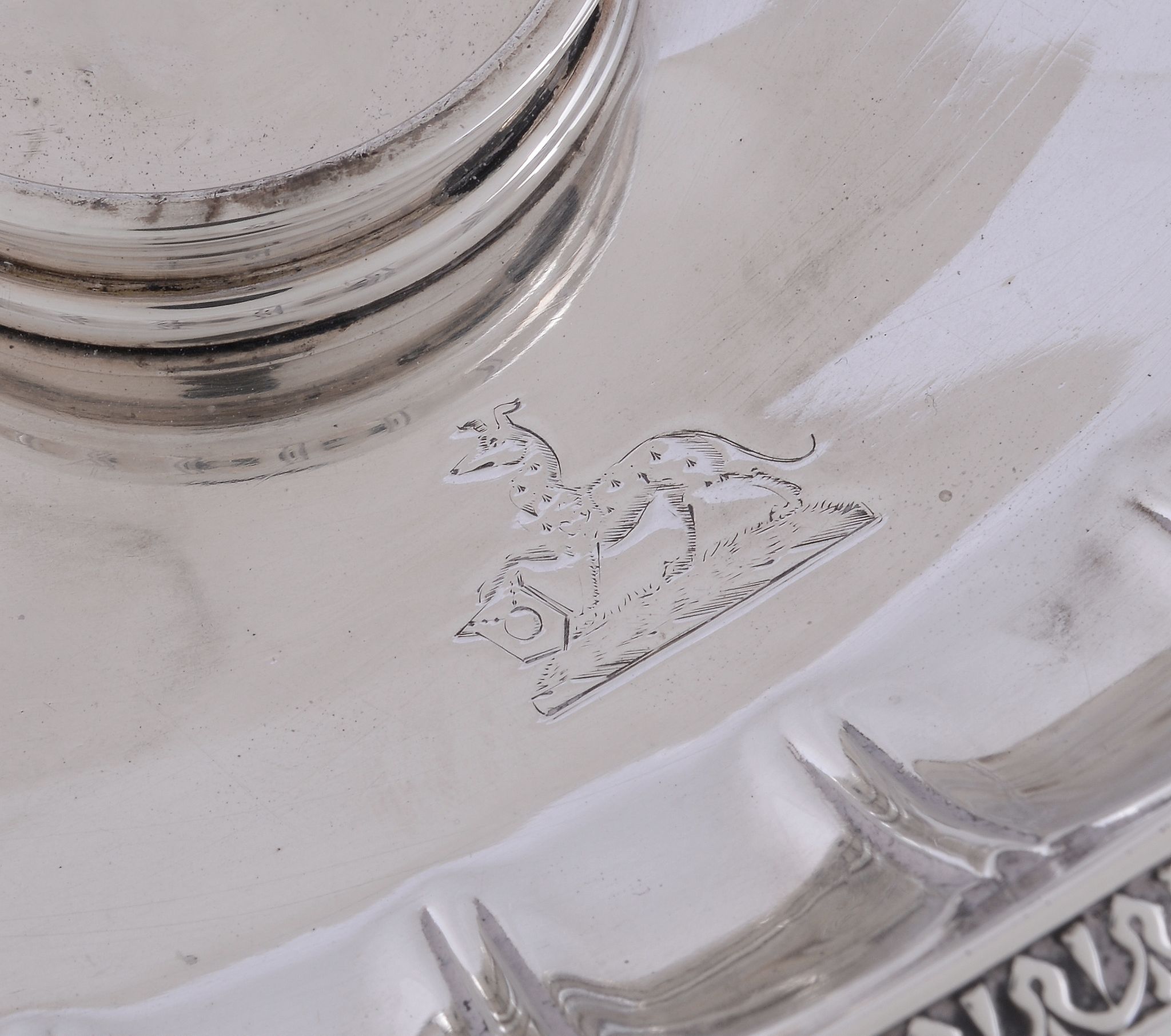 A Victorian silver oval inkstand, apparently no maker's mark, London 1863, with a hobnail cut glass - Image 2 of 2