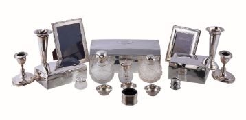 A small collection of silver mounted items and various plated wares, including: three cigarette