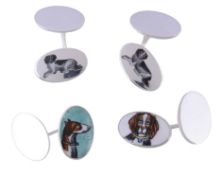 Two pairs of enamelled dog cufflinks, the first pair with oval panel terminals, one enamelled with