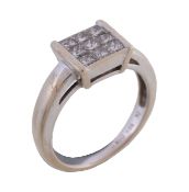 A diamond ring, set with a panel of princess cut diamonds, approximately 0.45 carats total, stamped