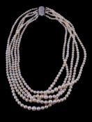 A multi strand cultured pearl necklace, the five strands composed of graduating cultured pearls, to
