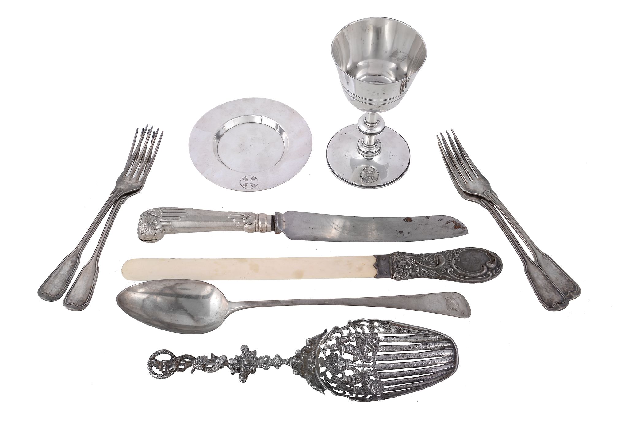 A small collection of silver and plated items, comprising: a George III old English pattern gravy