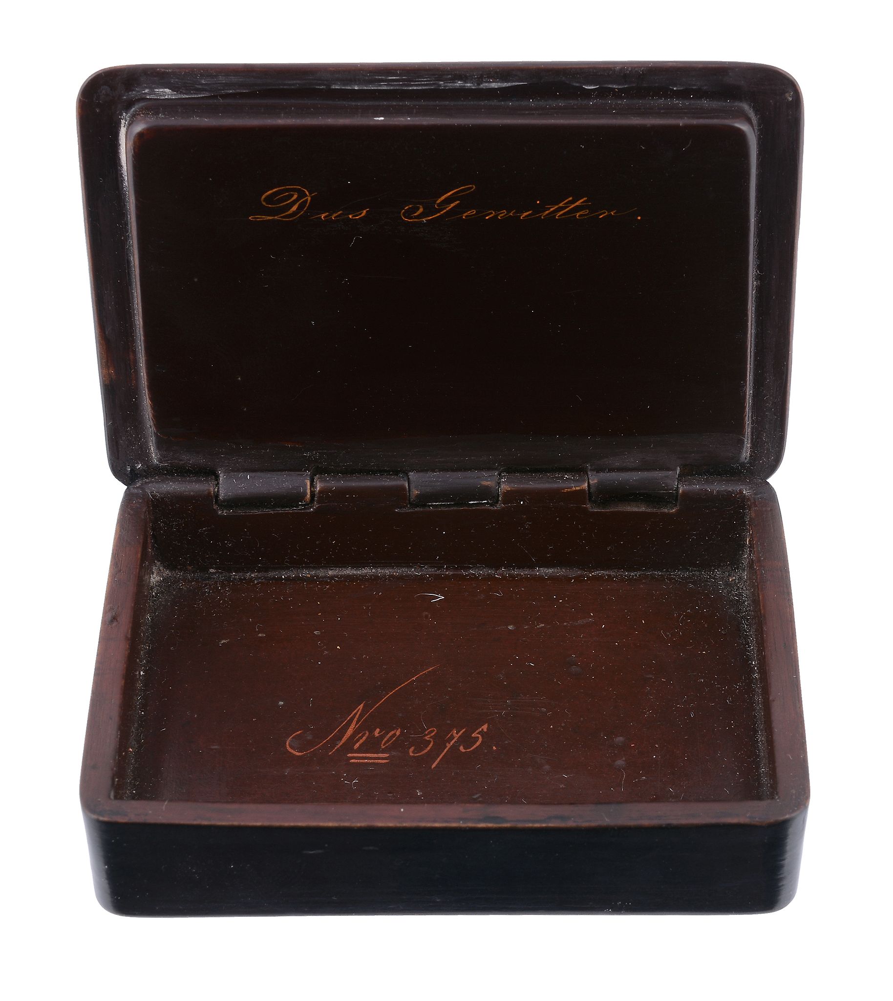 A German papier mache rectangular snuff box, 1830s, the cover painted with a family before a - Image 2 of 2