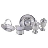 Five items of small silver, including: a William IV drum mustard pot by the Barnard Bros., London