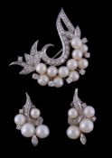 A cultured pearl and diamond brooch, designed as a foliate spray set with cultured pearls and