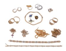 A collection of gold coloured jewellery, to include a hinged bangle stamped 750; a three colour