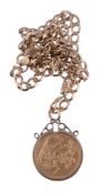 A Victorian Sovereign pendant, 1881, on a curb link chain, stamped 9kt, 55cm long, 20g gross