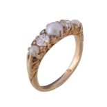 A late Victorian diamond and half pearl ring, circa 1890, the half pearls interspaced by two old