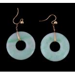 A pair of jadeite jade hoop earrings, the circular jadeite jade with shepherd's hook fittings, 4.