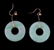 A pair of jadeite jade hoop earrings, the circular jadeite jade with shepherd's hook fittings, 4.