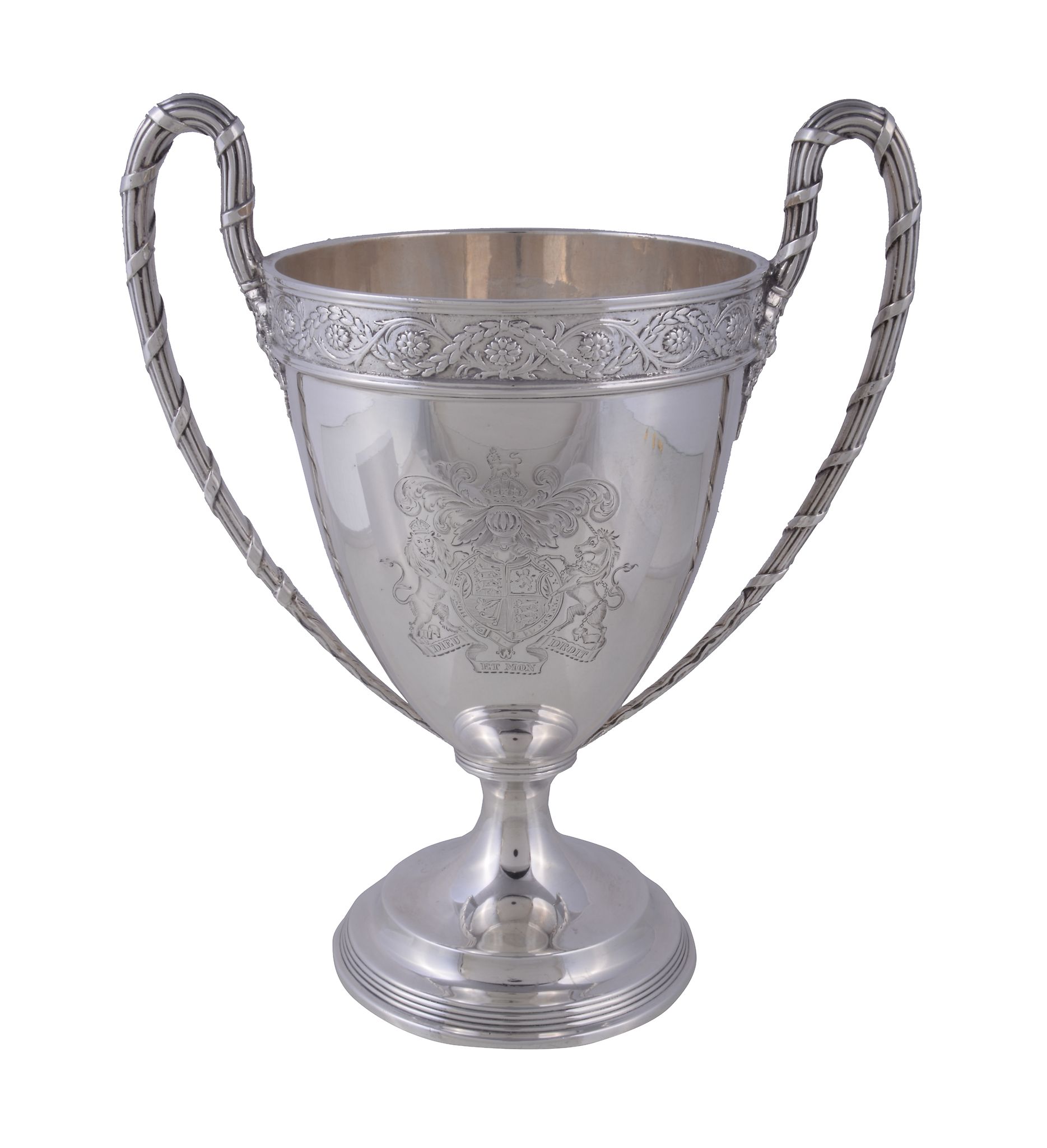 A silver twin handled pedestal cup by West & Son of Dublin, London 1911, with ribbon bound reeded