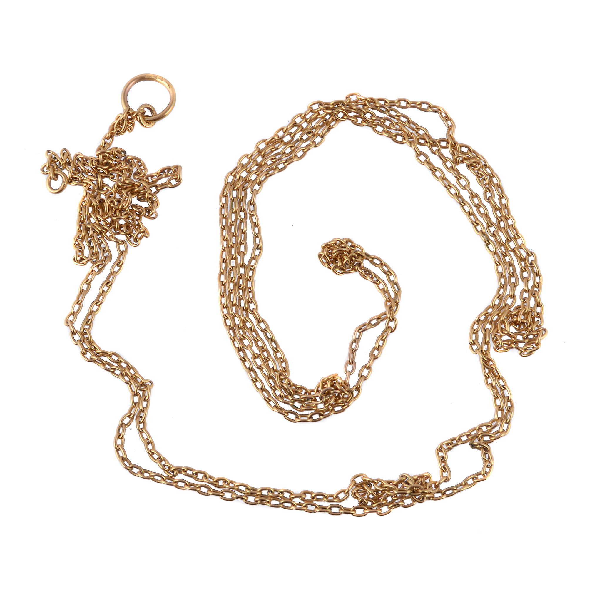 A gold coloured long chain, composed of belcher links, 170cm long, 33.6g