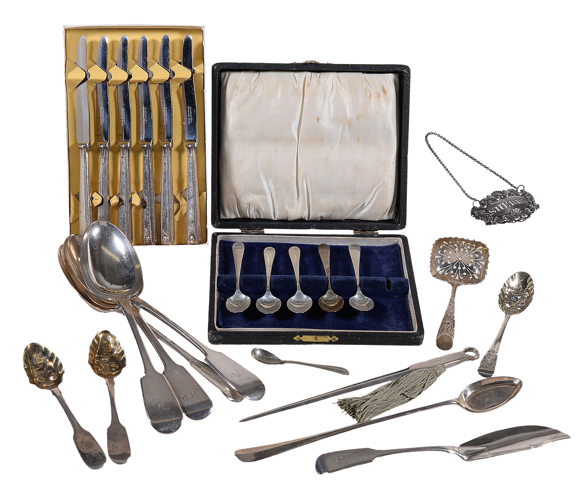 A collection of silver flatware, to include: a meat skewer by Elkington & Co., Birmingham 1966,