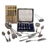 A collection of silver flatware, to include: a meat skewer by Elkington & Co., Birmingham 1966,