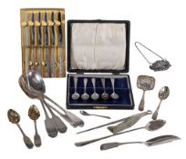 A collection of silver flatware, to include: a meat skewer by Elkington & Co., Birmingham 1966,