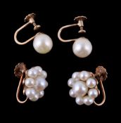 A pair of cultured pearl cluster earrings, set with a cluster of cultured pearls, with screw