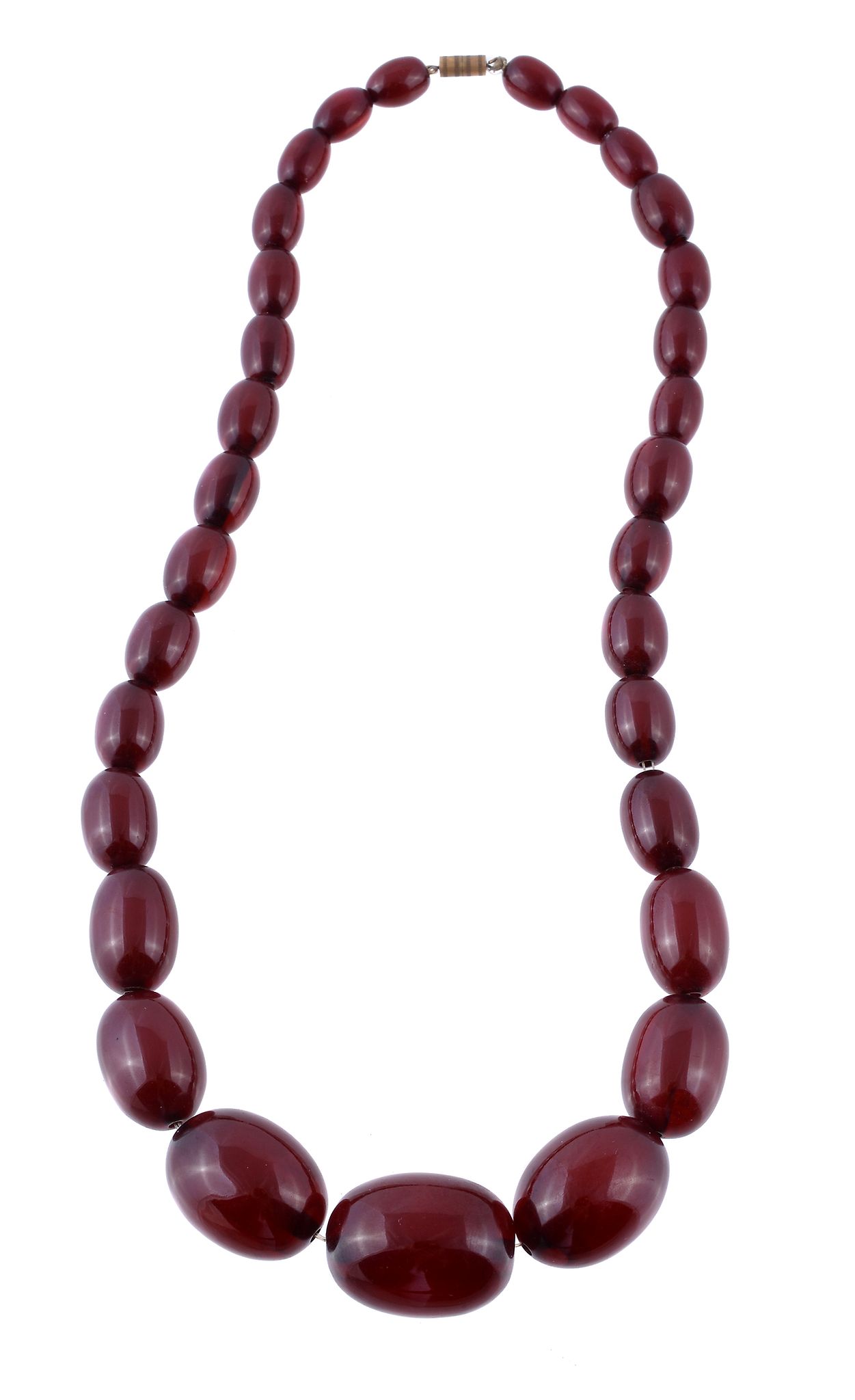 An amber bead necklace, composed of graduating 1.1cm to 2.9cm oval amber beads, with a screw clasp,