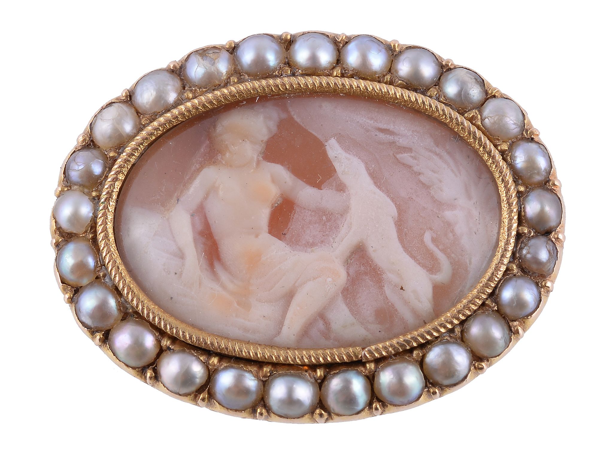 A 19th century shell cameo brooch, the oval shell carved with a seated lady and a hound beneath a