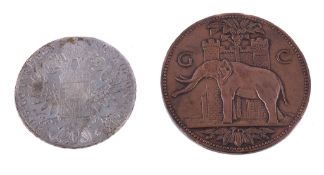 Gold Coast, bronze medal 1921, elephant left before fort and palm tree, rev. pie chart of world