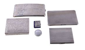 A collection of silver and silver coloured boxes, to include: a silver rectangular cigarette case