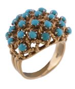 A turquoise cluster ring, set with circular cabochon turquoise within ropetwist surrounds, stamped