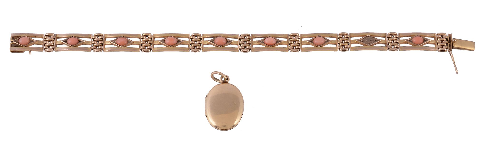 A late Victorian gold coloured coral bracelet, circa 1900, composed of rectangular gate link panels
