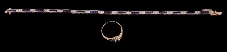 A sapphire and diamond bracelet, the articulated bracelet composed of alternating panels set with
