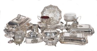 A collection of plated wares, including: a Victorian circular tripod dessert stand with a later