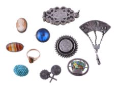 A small selection of jewellery, to include: an enamel brooch, designed as a basket with enamel
