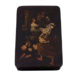 A German papier mache rectangular snuff box, 1830s, the cover painted with a family before a