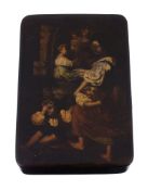 A German papier mache rectangular snuff box, 1830s, the cover painted with a family before a