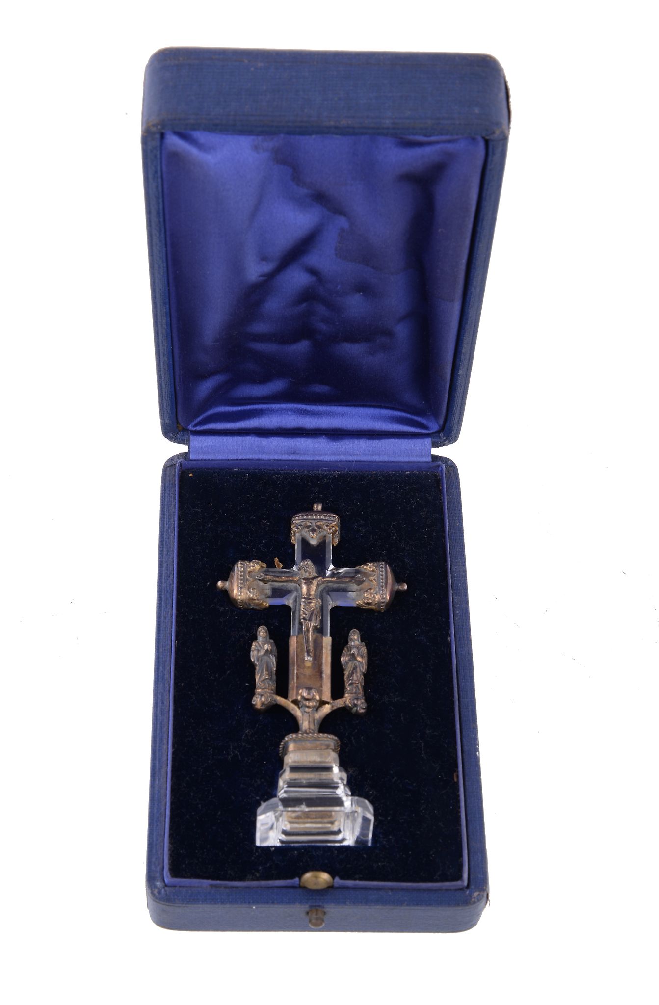 A 20th century clear glass and gilt metal mounted table crucifix, the ends with trefoil and arcaded - Image 2 of 2