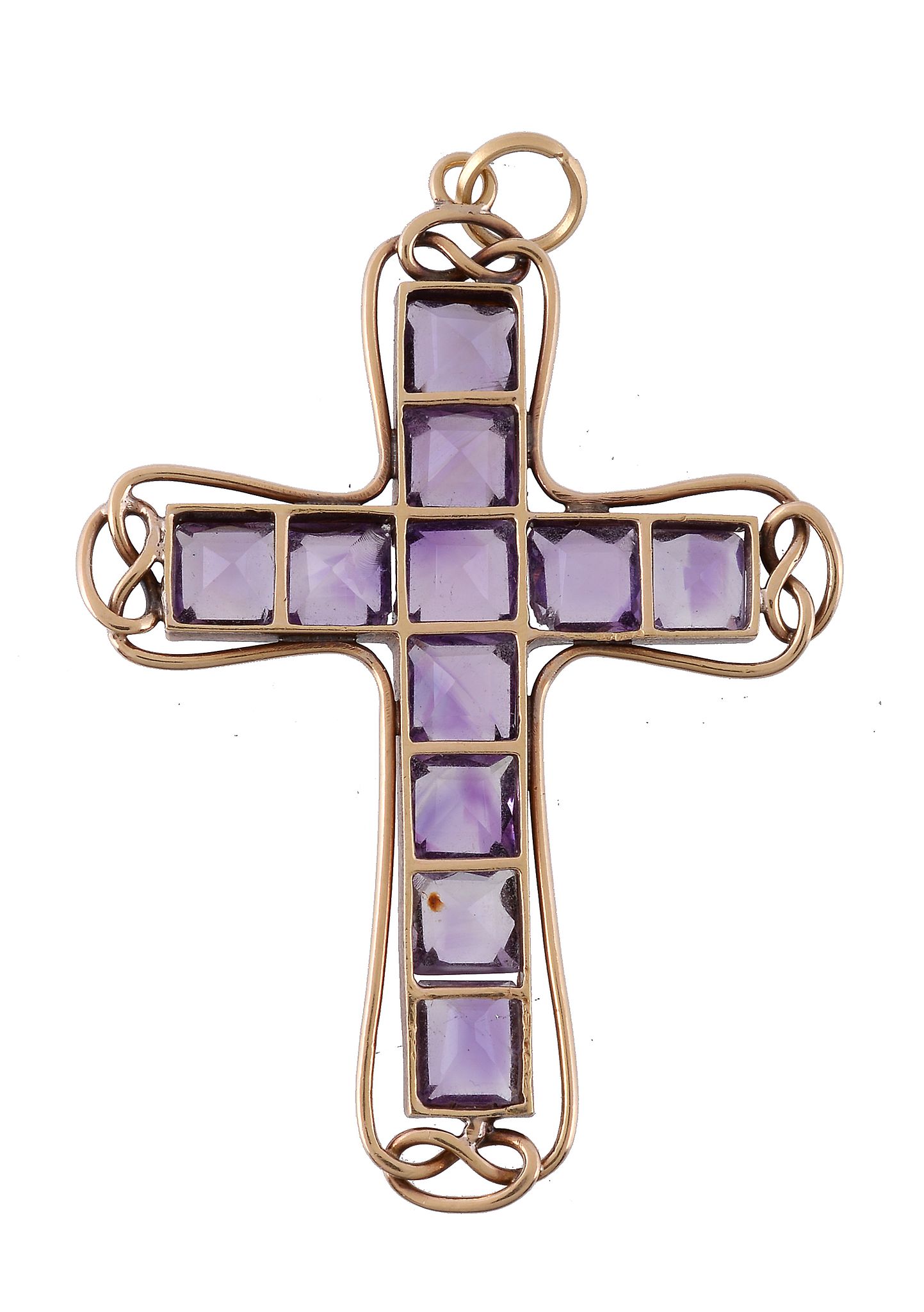 An amethyst cross pendant, set with square cut amethysts, 6cm long - Image 2 of 2