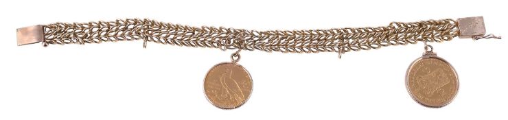 A fancy link bracelet, suspending a gold USA 1908 5 dollar coin, and a Netherlands 1912 10 Gulden