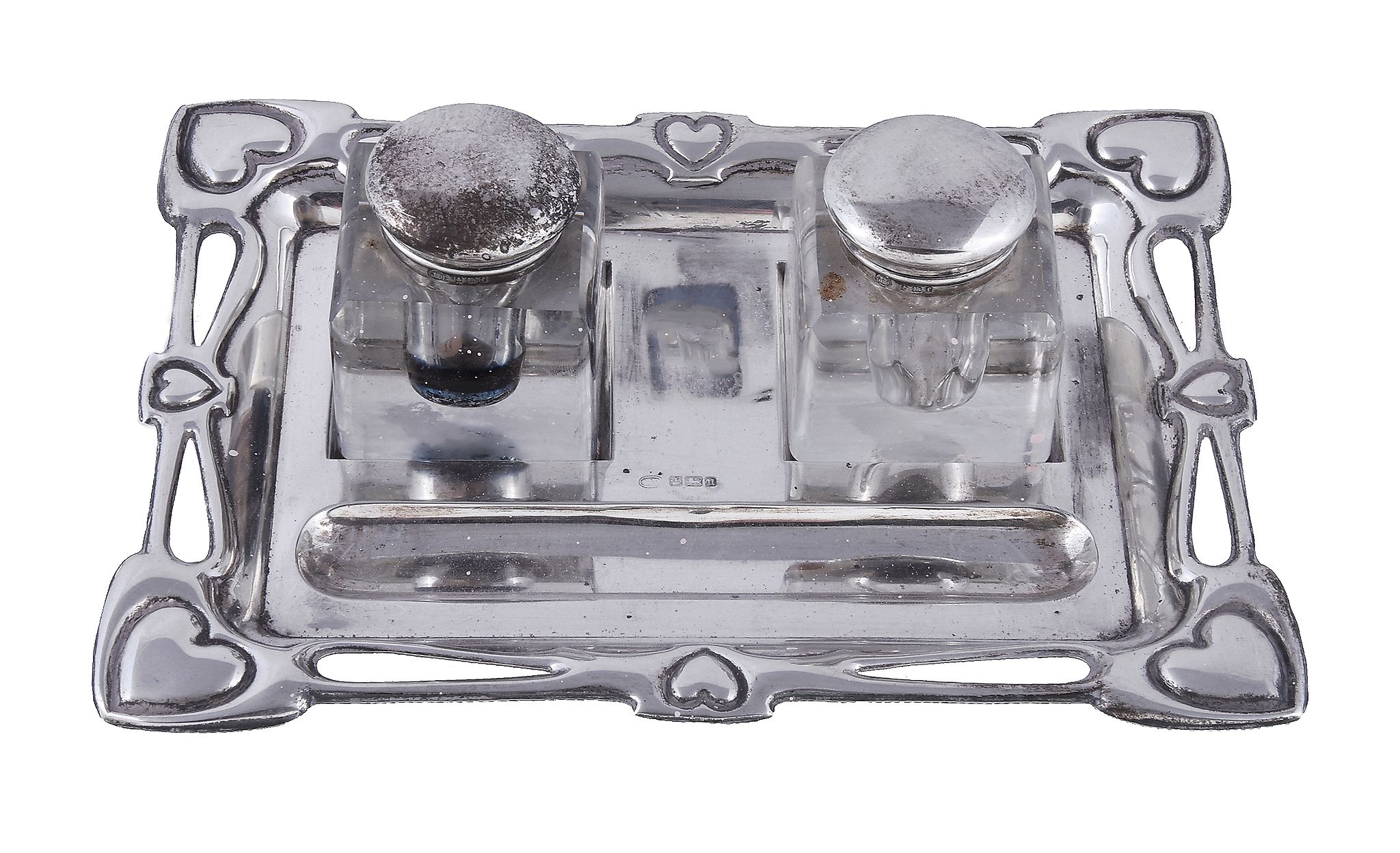 An Art Nouveau silver shaped rectangular inkstand by John Round & Son Ltd, Sheffield 1905, with