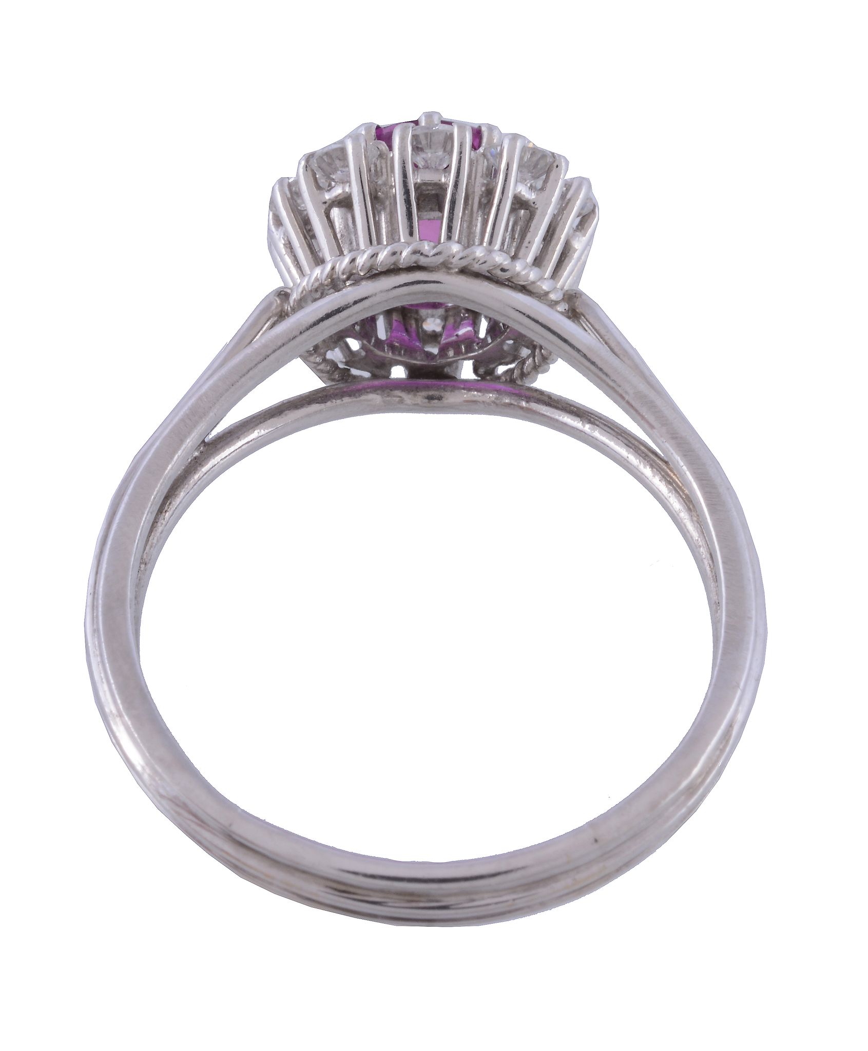 A 1970s pink sapphire and diamond cluster ring, the central oval cut pink sapphire claw set within - Image 3 of 3