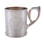 A late Victorian silver mug by Walker & Hall, Sheffield 1894, with a beaded border, a loop handle,