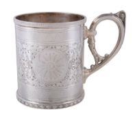 A late Victorian silver mug by Walker & Hall, Sheffield 1894, with a beaded border, a loop handle,