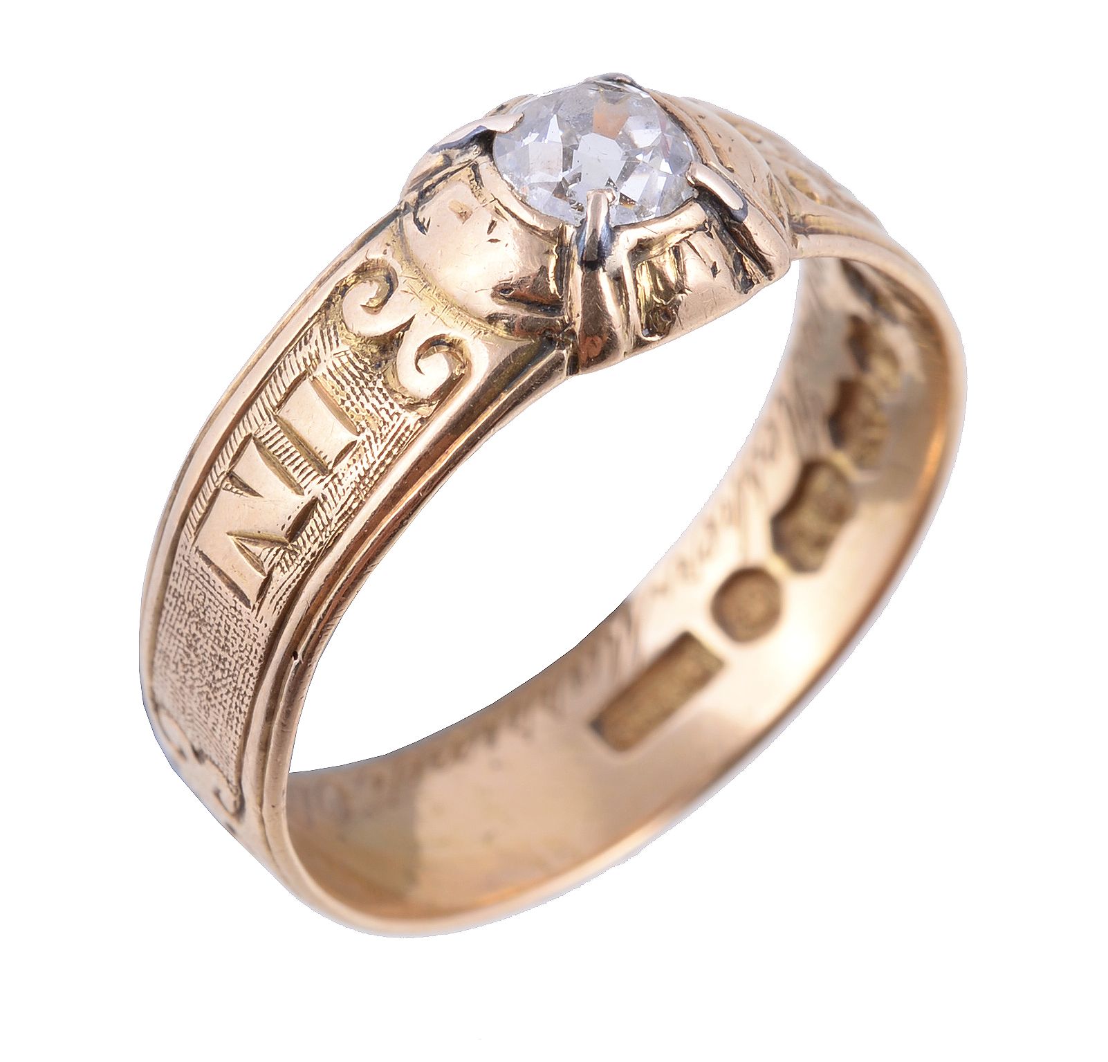 A late George III 18 carat gold diamond mourning ring, the old brilliant cut diamond, estimated to