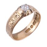 A late George III 18 carat gold diamond mourning ring, the old brilliant cut diamond, estimated to