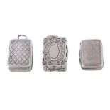 Three small rectangular or shaped rectangular vinaigrettes, comprising: one linear chequer engraved