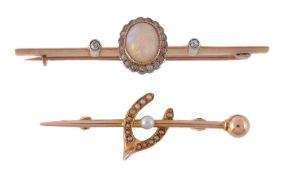 An early 20th century opal and diamond bar brooch, circa 1900, the oval cabochon opal collet set