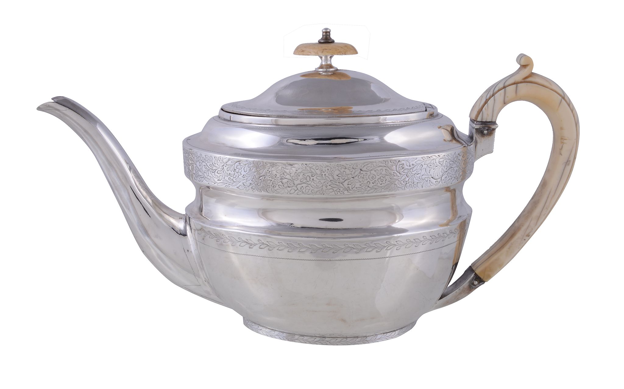 A George III silver oval teapot by Abstinando King, London 1804, with an ivory oval finial to the