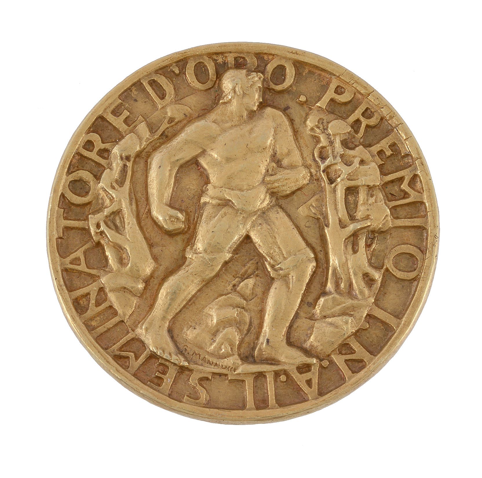 Italy, Istitutona Zionale delle Assicura Zioni, 18 carat gold prize medal by G. Mammussi, strongman