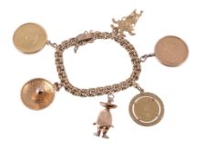 A gold coloured fancy link bracelet, suspending various coins, comprising a Colombian 1969 gold 300